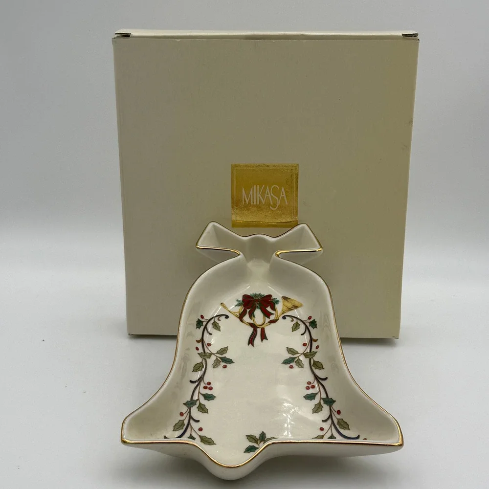 Mikasa Holiday Elegance Bell Shaped Candy Dish Fine China FK001 Gold Trim Boxed